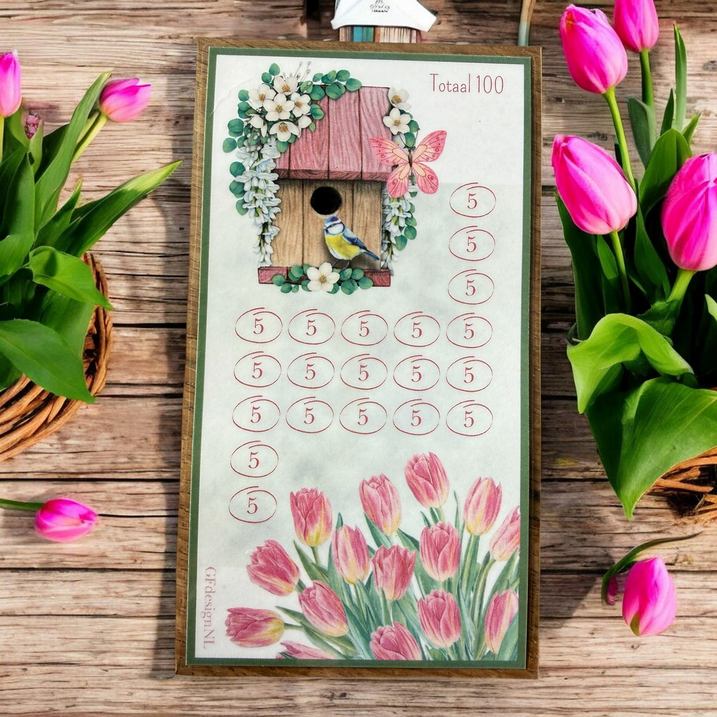 Cash Stuffing Challenge Kaarten A6 – Vogelhuisjes en Tulpen
