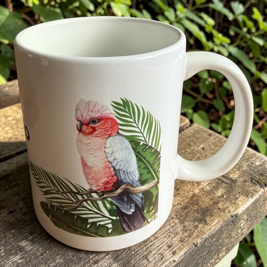 Mok met kaketoe print 325ml keramiek zelfontworpen koffiemok GFDesignNL
