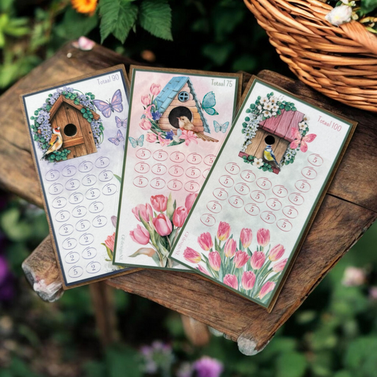 Cash Stuffing Challenge Kaarten A6 – Vogelhuisjes en Tulpen