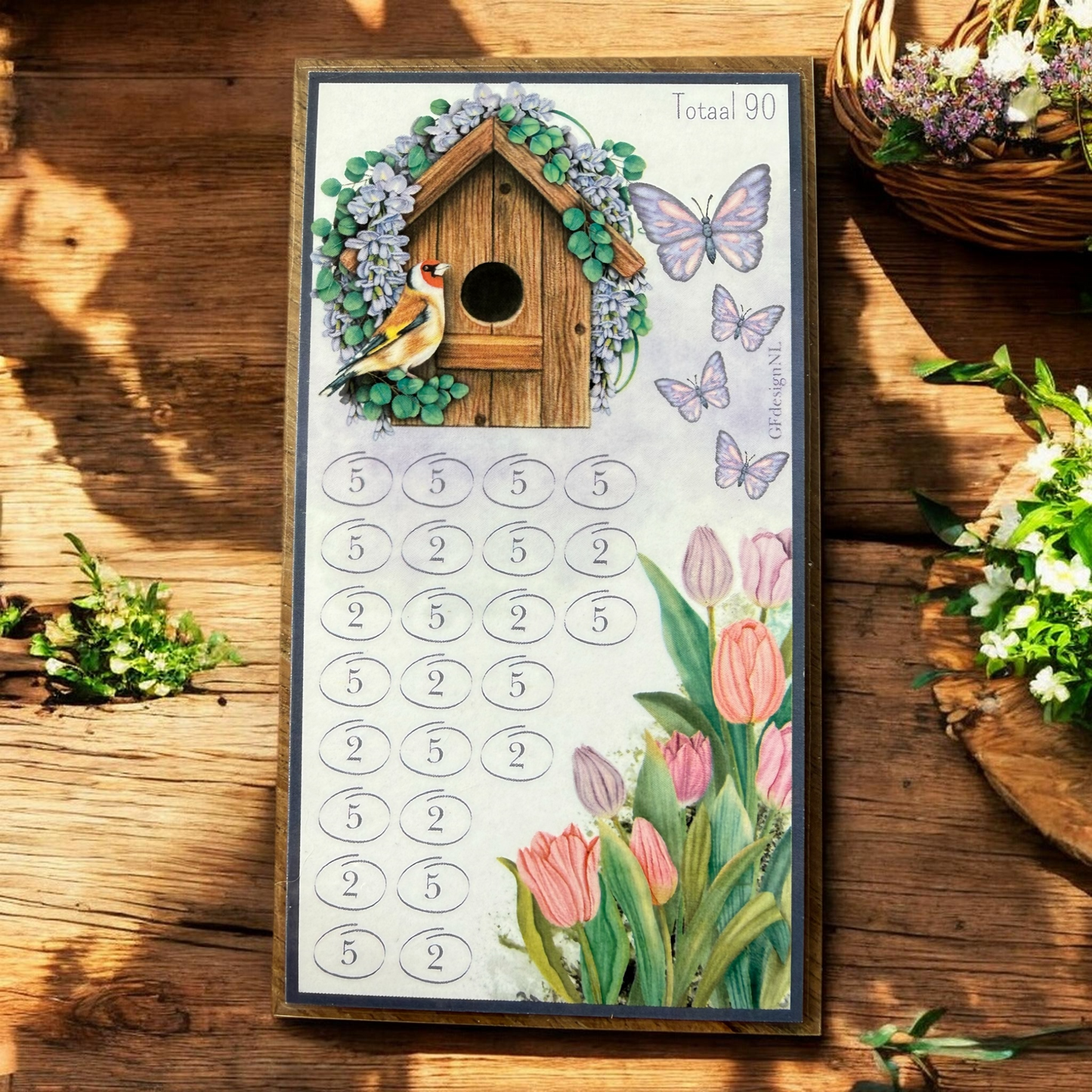 Cash Stuffing Challenge Kaarten A6 – Vogelhuisjes en Tulpen