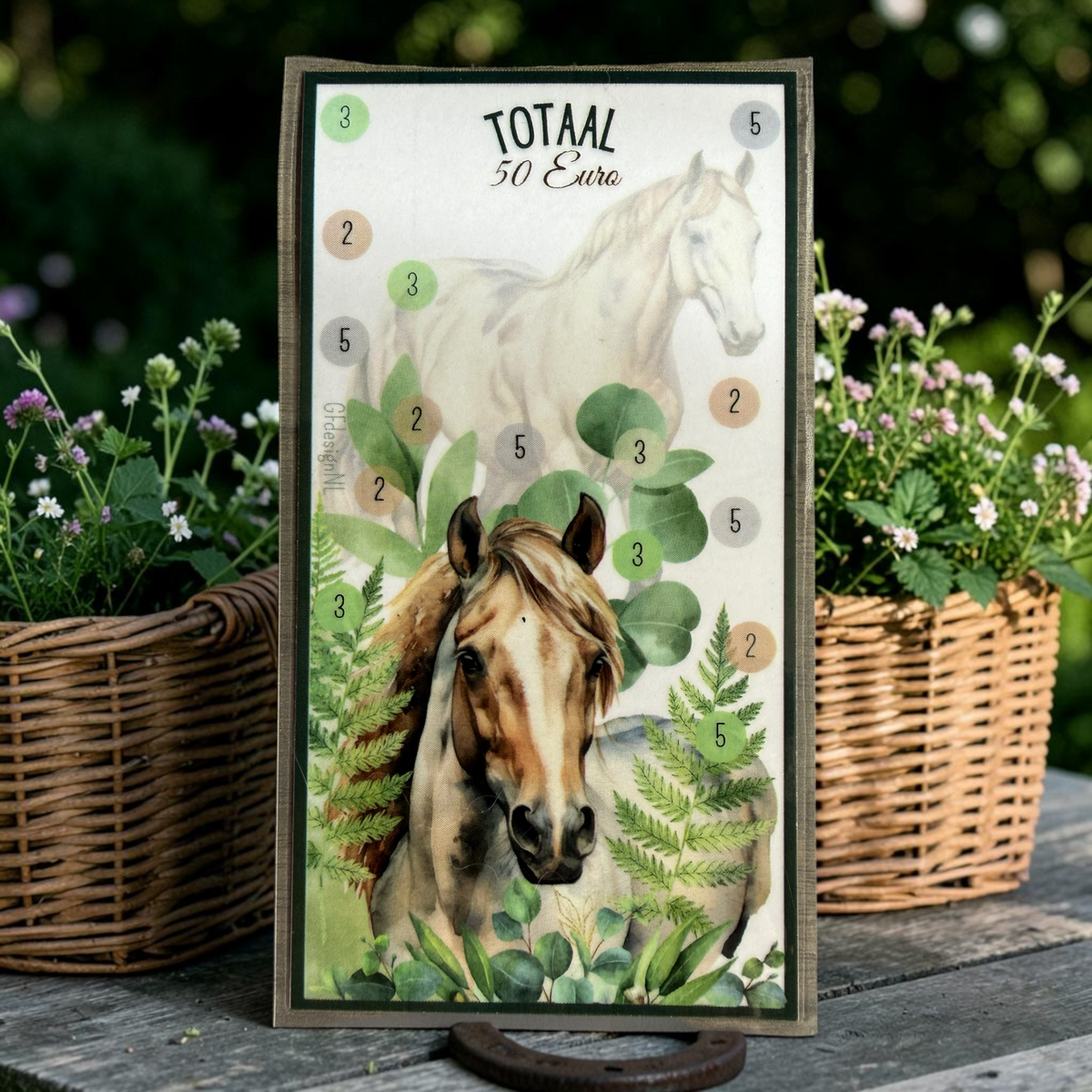 Paarden spaarchallenge A6 | Herbruikbare cash stuffing kaart