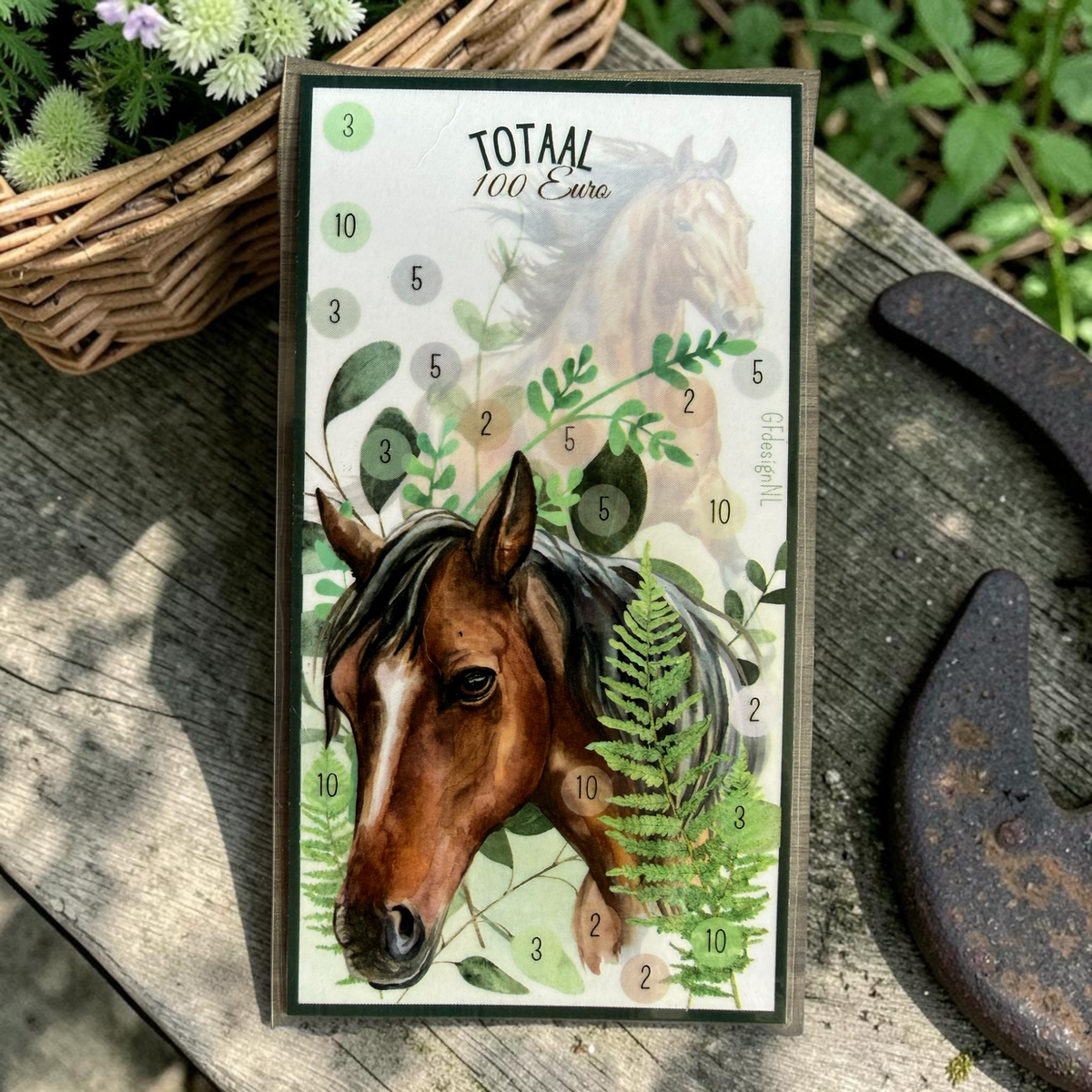Paarden spaarchallenge A6 | Herbruikbare cash stuffing kaart