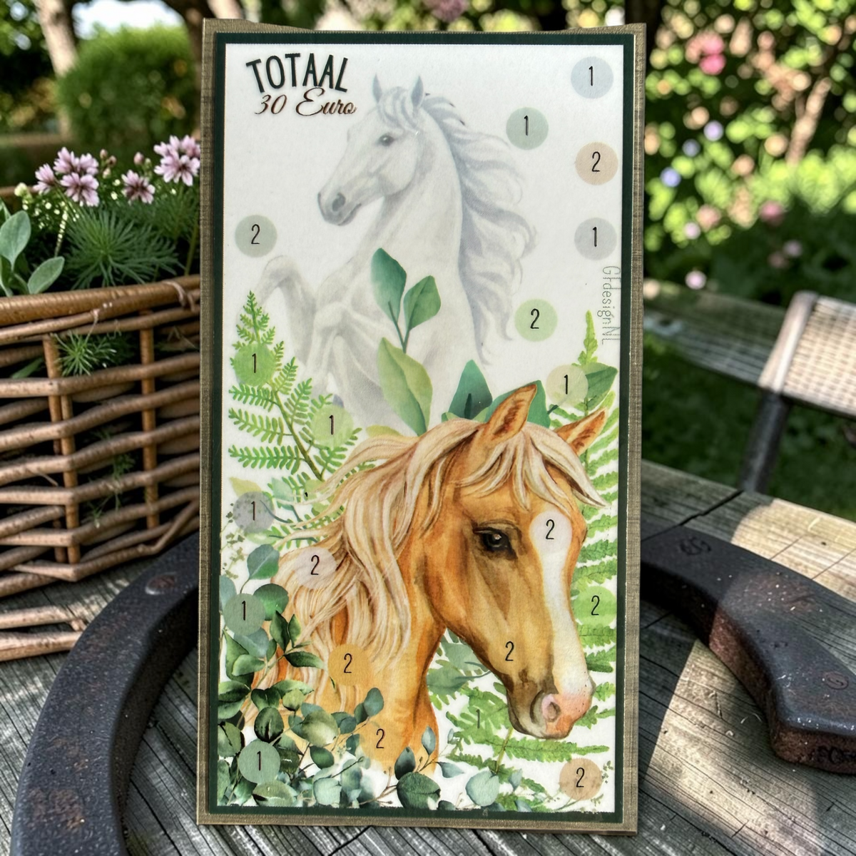 Paarden spaarchallenge A6 | Herbruikbare cash stuffing kaart