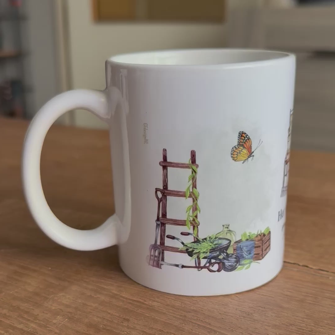 Video demonstratie van de witte keramische mok met tuinprint design, 325ml